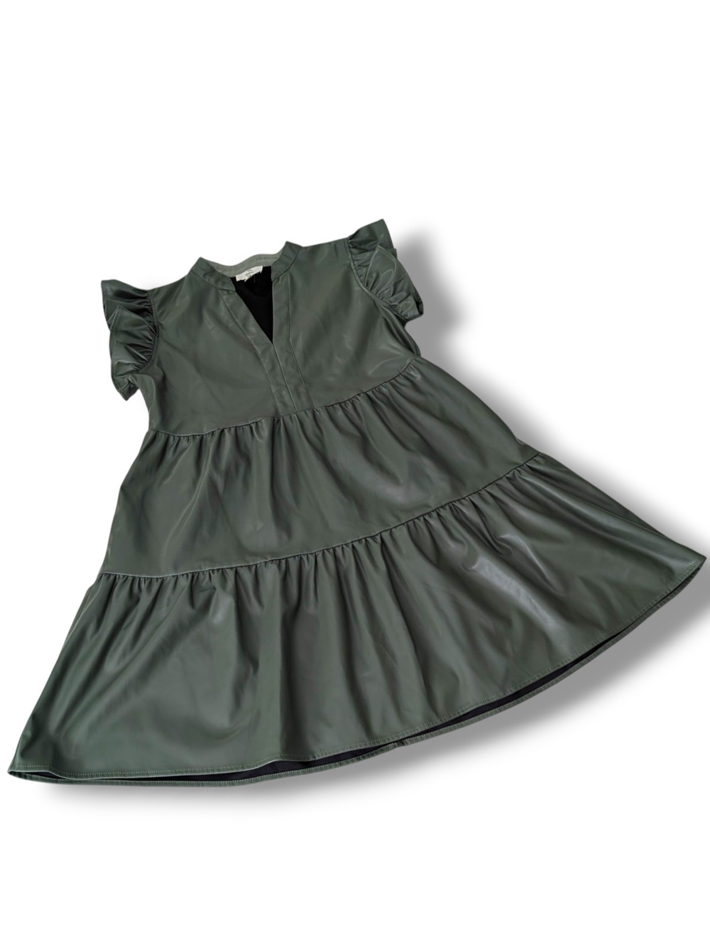 NWOT entro Olive Green Tiered Babydoll Faux-Leather Mini Dress, Size Small